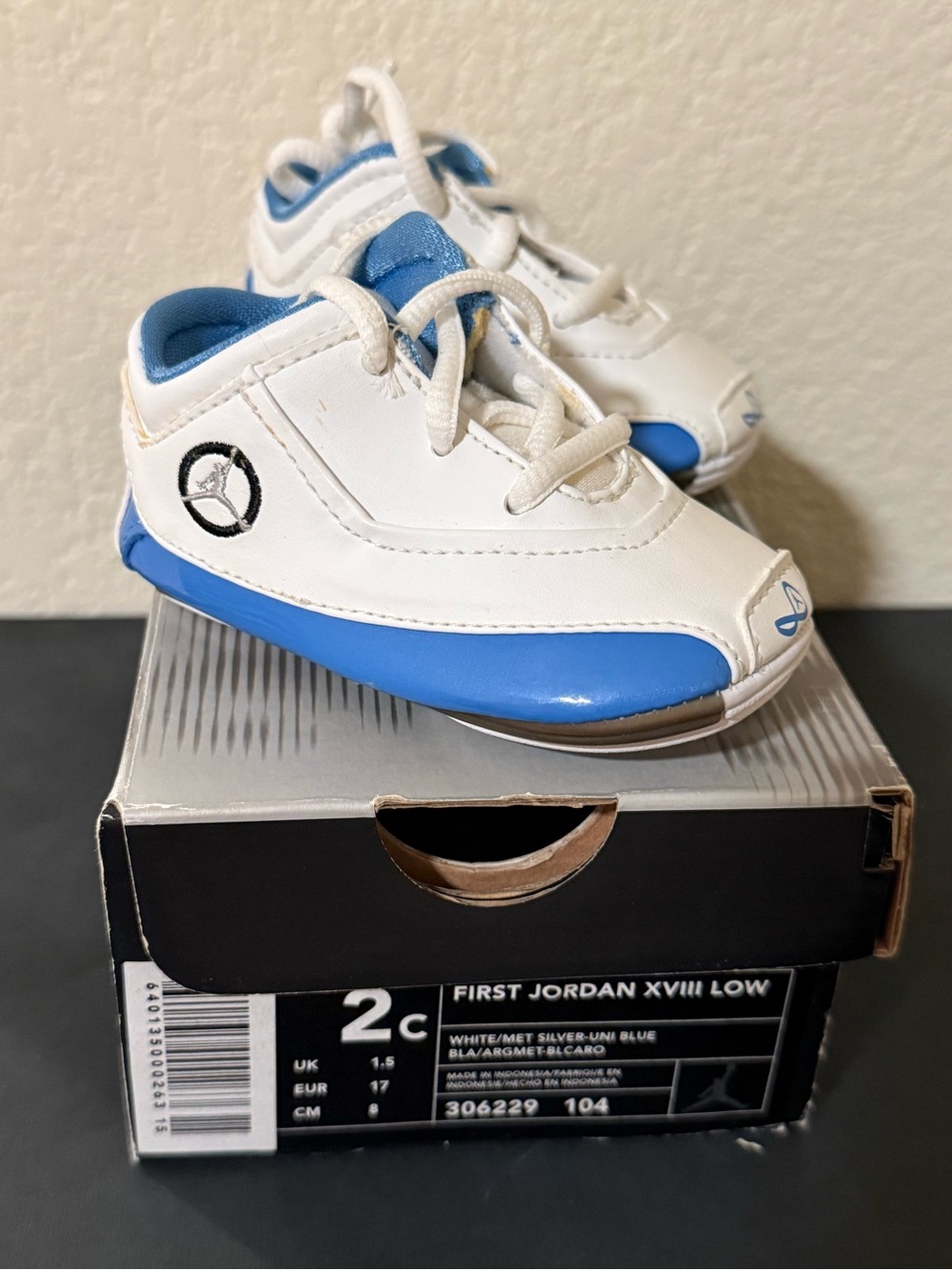 Jordan 18 XVIII Low Toddler Shoes Size 2C White University Blue w/ Box
